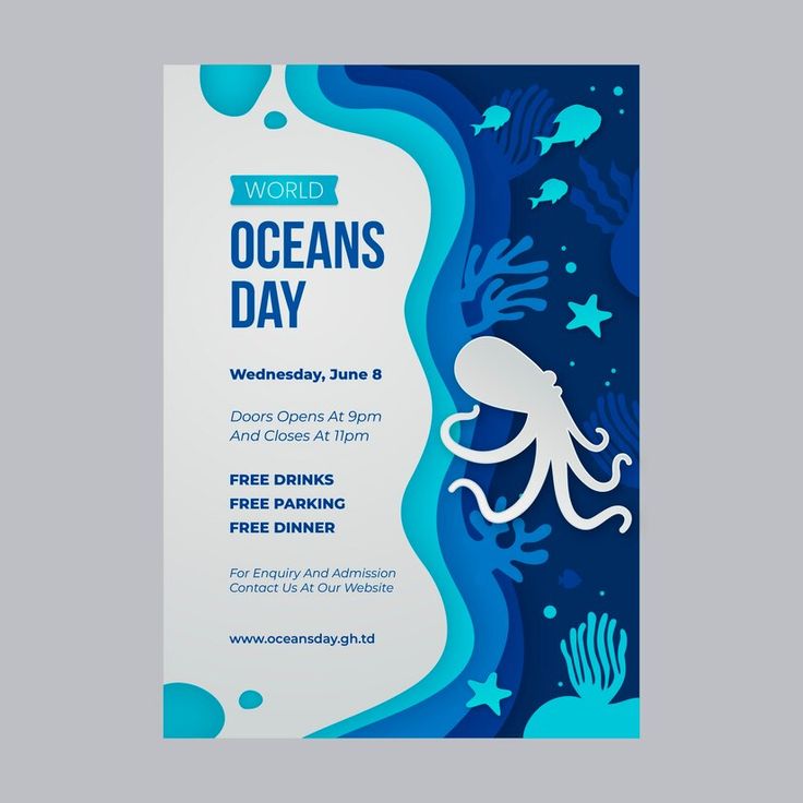 an ocean day poster with an octopus on it