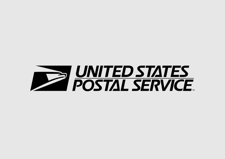 the united states postal service logo is shown in black on a white background, with an envelope