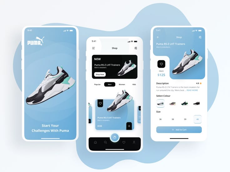 three smartphones displaying an app for running shoes, and the same product on their screens