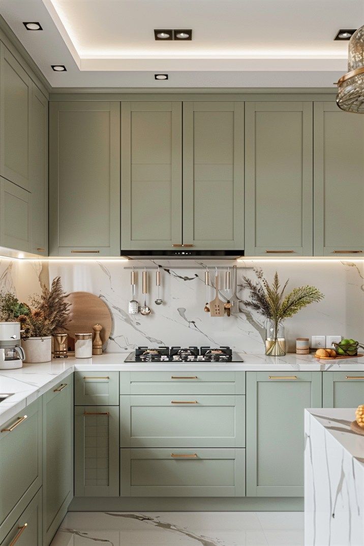 a kitchen with green cabinets and marble counter tops