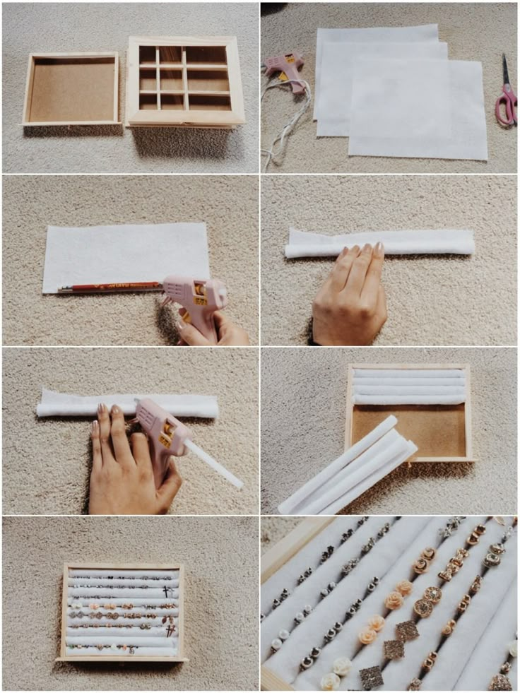 the steps to make an easy diy jewelry box with paper and glue on it