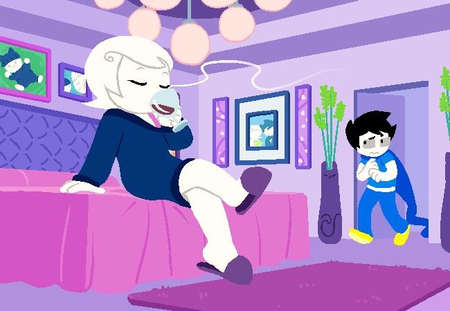 a cartoon character sitting on top of a bed next to another person in a living room