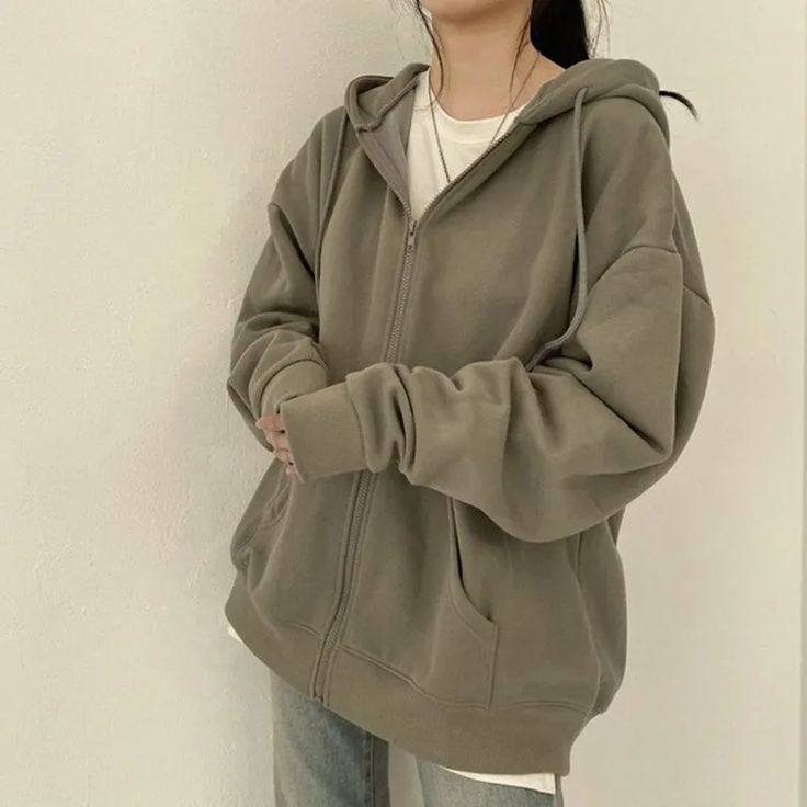 Closette Zip-Up Hoodie | YesStyle Korean Zip Up Hoodie Outfit, Zip Uo Hoodie Outfit Aesthetic, Basic Zip Up Hoodie, Hoodie Color Ideas, Cute Zip Up Hoodies, Hoodie Cute Outfit, Sage Green Zip Up Hoodie Outfit, Outfits With Hoodies Casual, Sip Up Hoodie Outfit