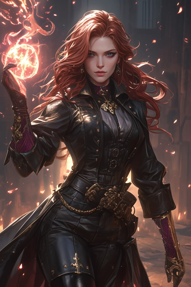 a woman with red hair and black leather outfit holding a ball in her hand while standing next to fire