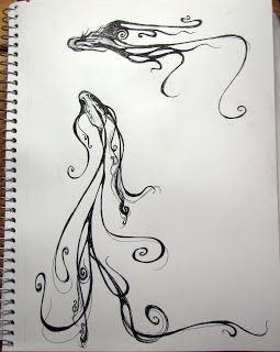 a drawing of a woman's head with swirls on the side and long hair