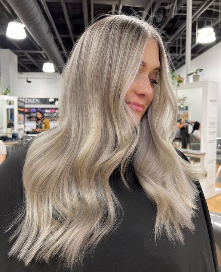 Low Light Ash Blonde, Blended Ashy Blonde, Muted Ash Blonde Hair, Icy Blonde Hair Brown Eyes, Ashy Blonde Long Hair, White Ashy Blonde Hair, Creamy Ashy Blonde Hair, Ashy Blonde Vs Warm Blonde, Ash Blonde Balayage With Highlights