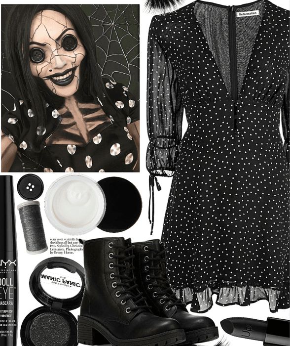 a woman wearing black and white clothing with makeup on her face, shoes, and accessories