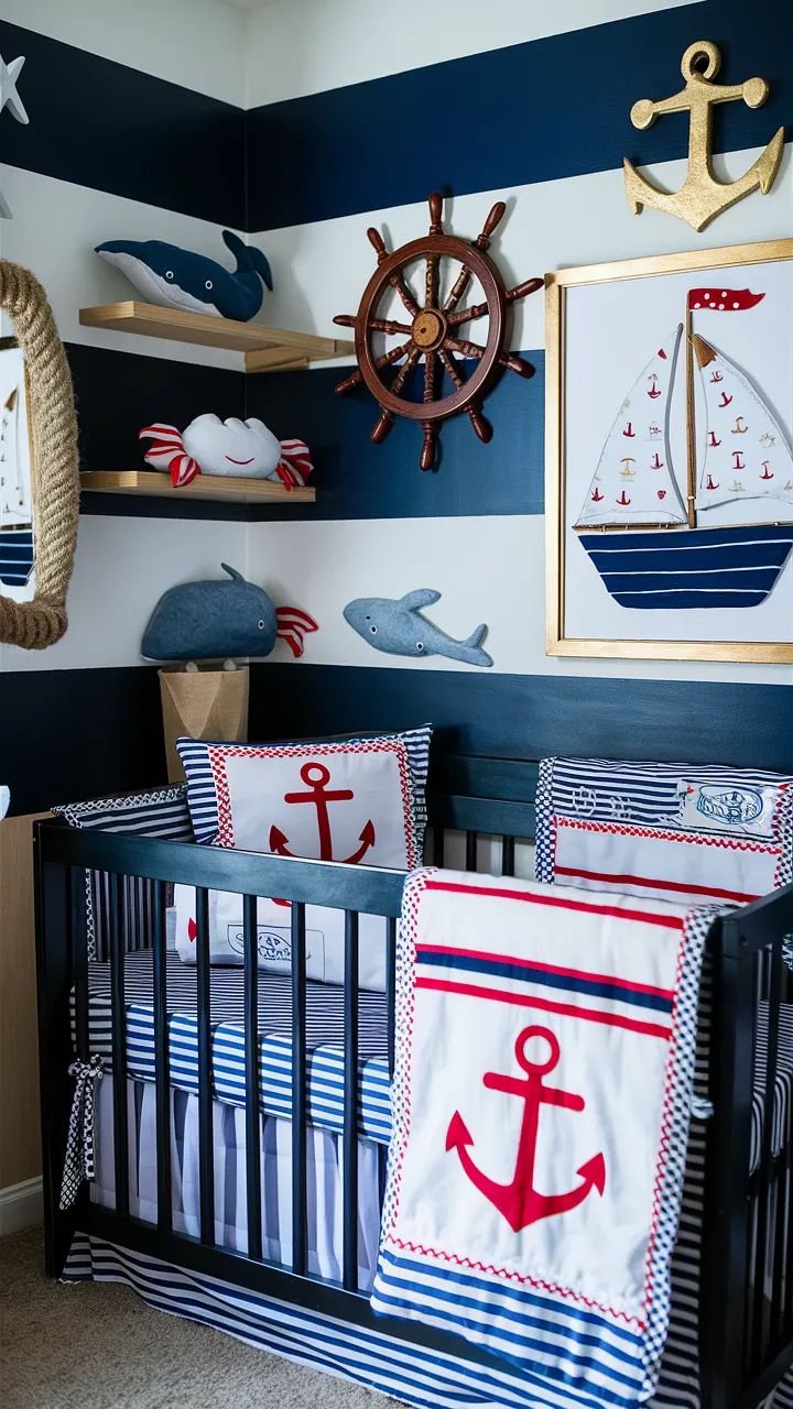 a baby's room decorated in blue, white and red with an anchor theme