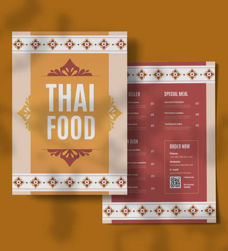 the thai food menu is displayed on an orange and red background with gold trimmings