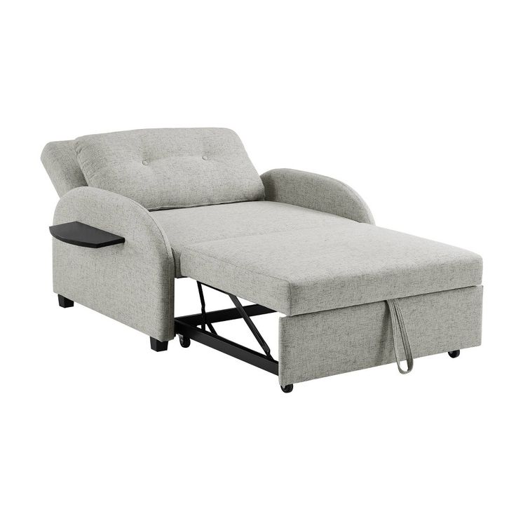 a gray reclining chair with a black foot rest