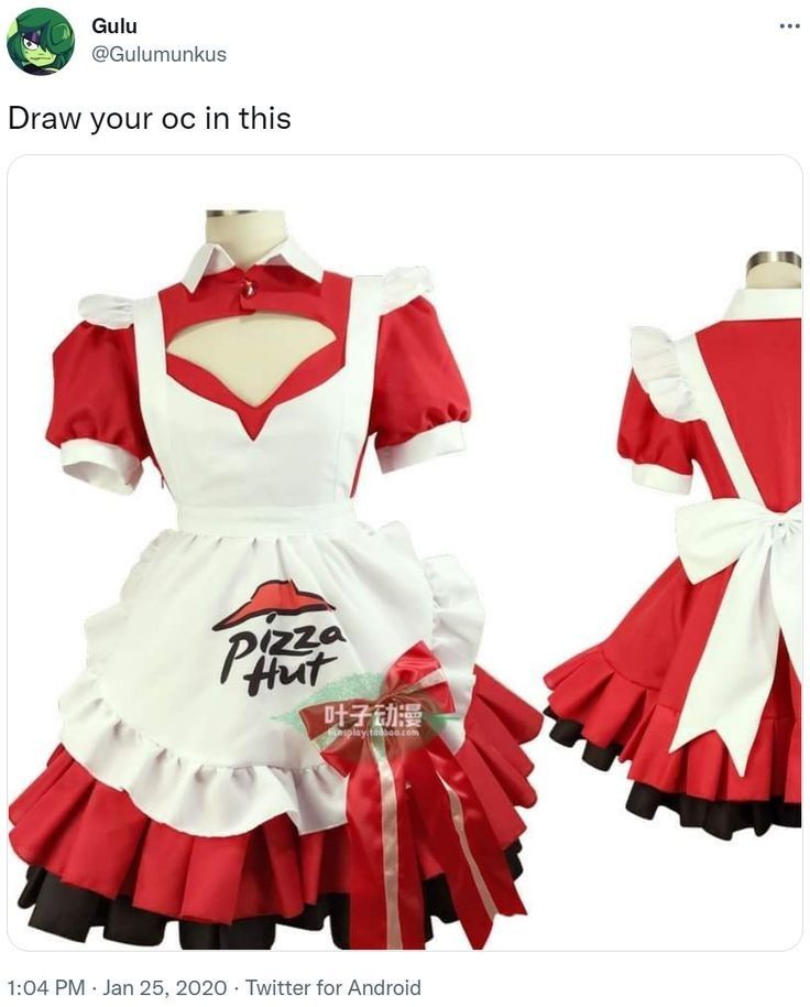 a red and white dress with black trims on the bottom is shown in front of an ad for pizza hut