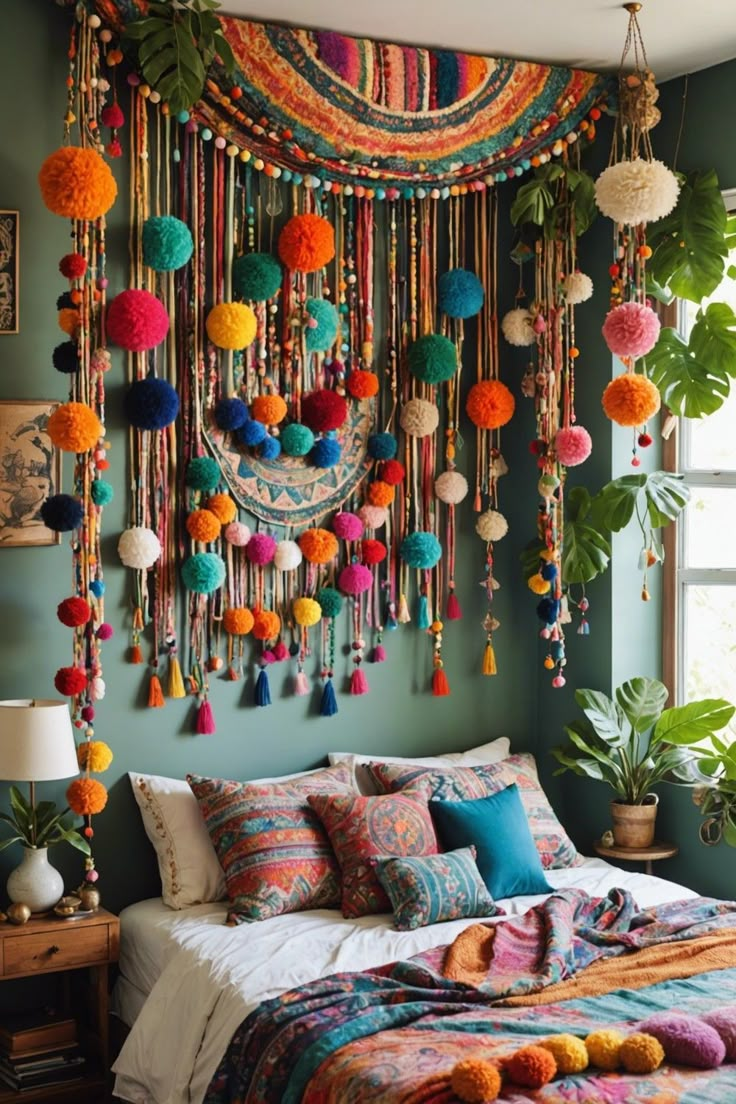 a bed with colorful decorations hanging from the wall