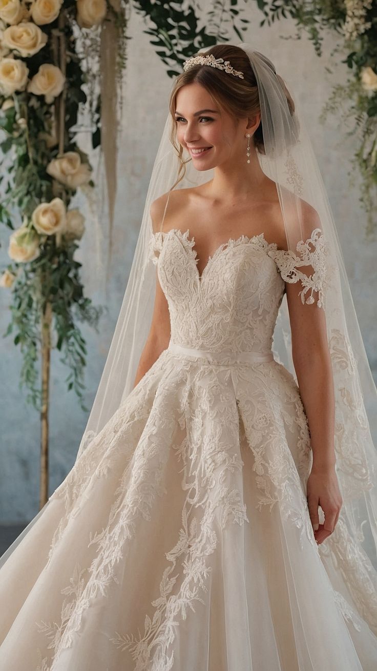 a woman in a wedding dress standing under a floral arch with flowers on the wall behind her