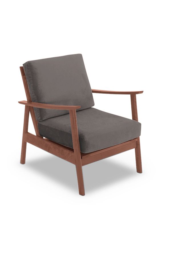 a wooden chair with a red cushion on it's back and armrests