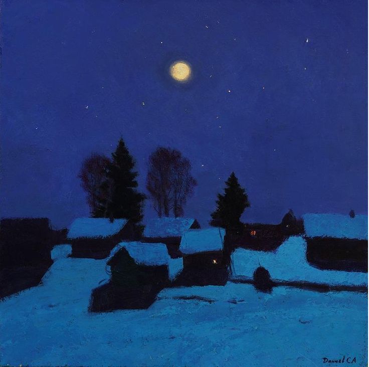 a painting of snow covered houses at night with the moon in the sky above them