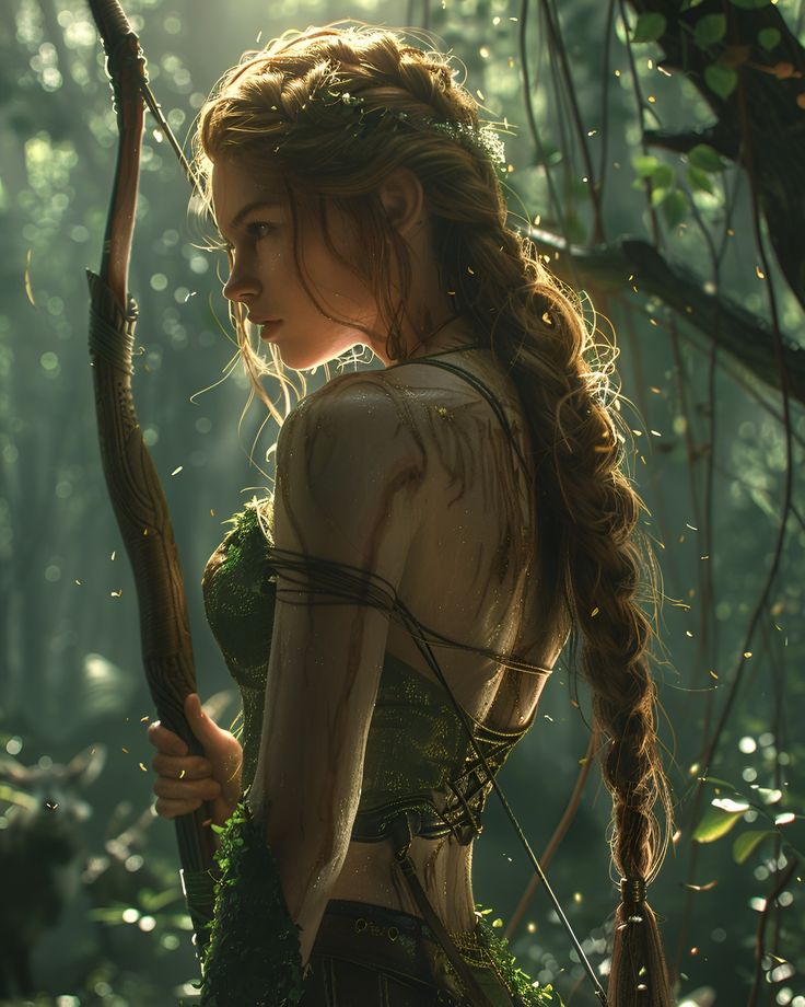 a woman with long hair holding a bow and arrow in the woods, looking back