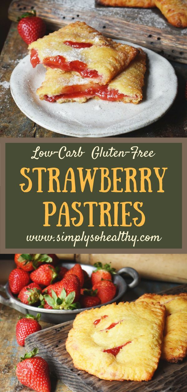 strawberry pastries on plates with strawberries in the background and text overlay reading how - to - gluten - tree strawberry pastry pastries