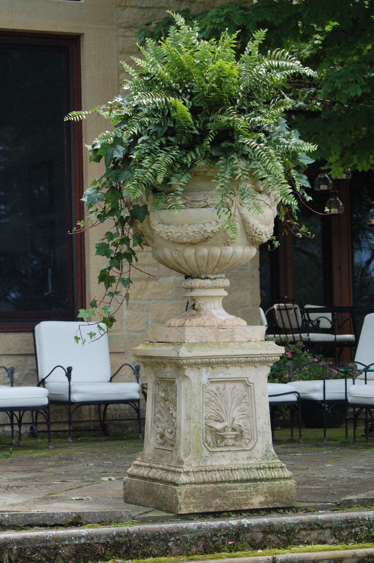 a large potted plant sitting on top of a stone pedestal in front of a building