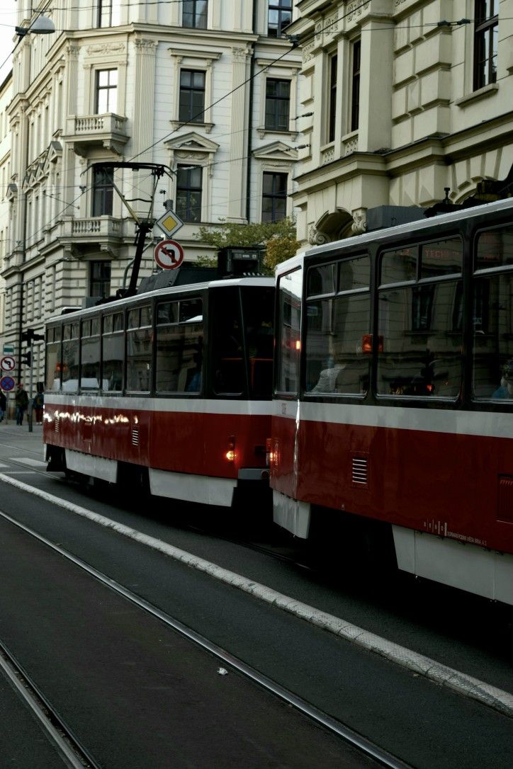 two red and white trolleys on street next to buildings in urban area with traffic lights