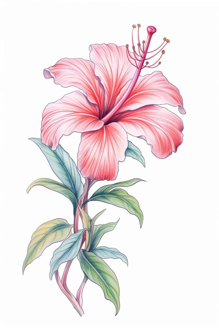 a drawing of a pink flower with green leaves