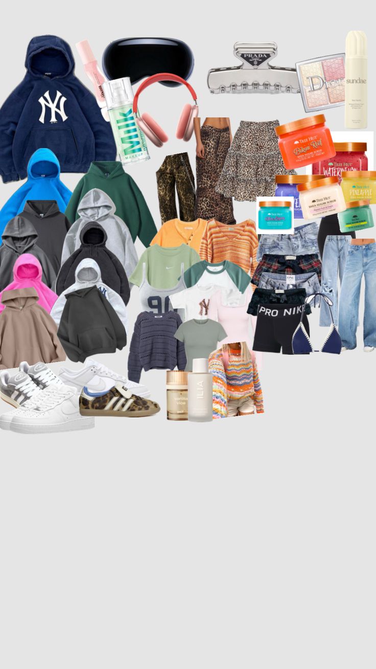 an assortment of clothing and shoes are arranged in the shape of a rectangle on a gray background