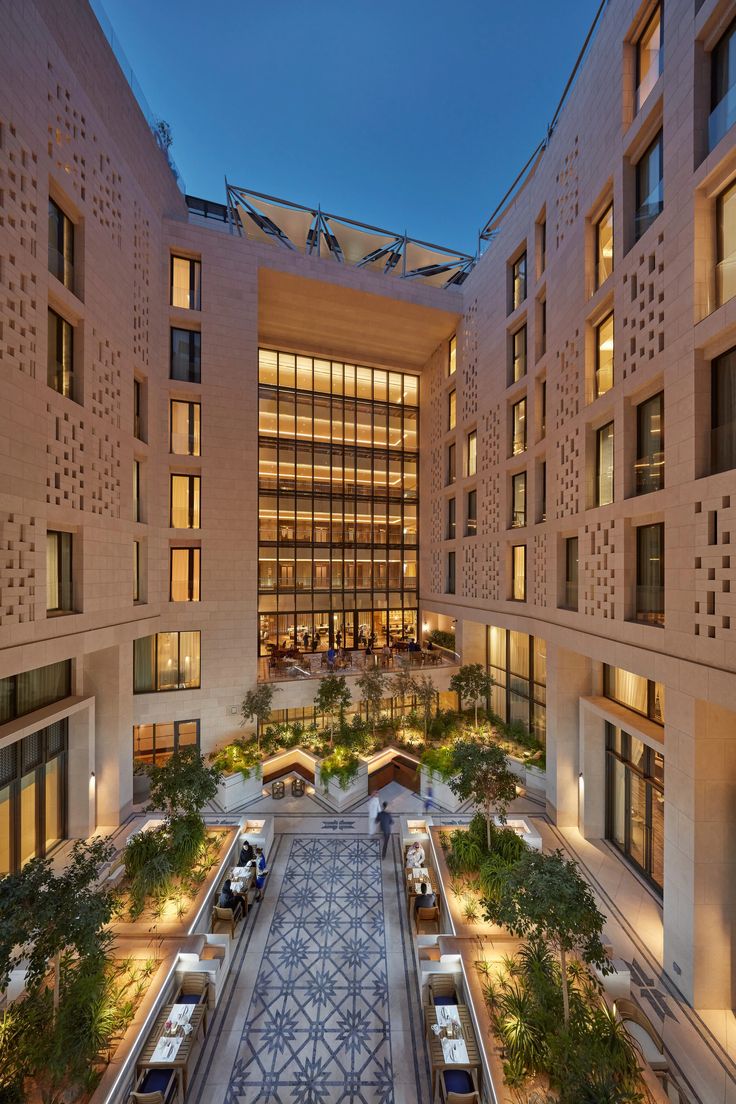 an aerial view of the courtyard at night