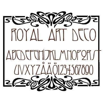 the royal art deco font is shown in black and white with an ornate border around it