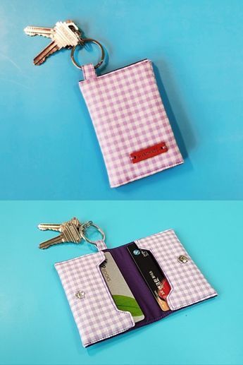 two photos of wallets with keys attached to them