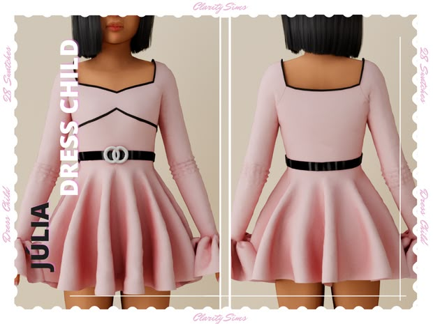 the dress is pink and has black trims