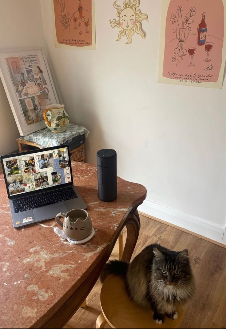 a cat sitting on top of a wooden chair next to a table with a laptop