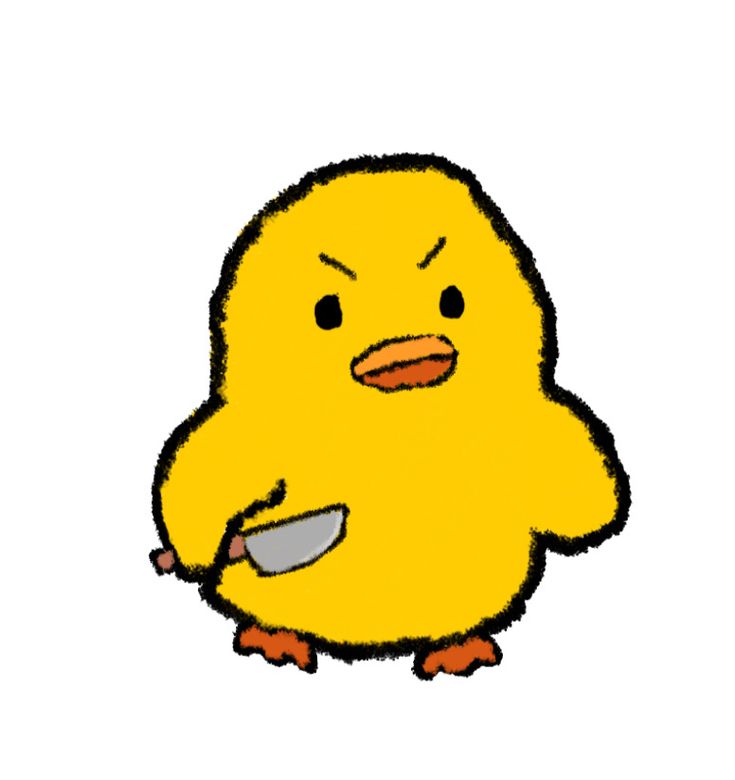 a drawing of a yellow chick with a knife in its hand and eyes closed, looking angry