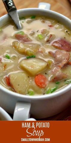 ham and potato soup in a white bowl