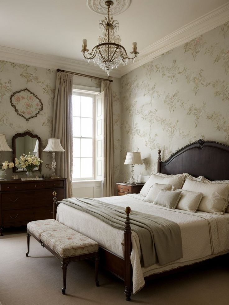 a bedroom with a bed, dresser and window in the corner that has floral wallpaper on it