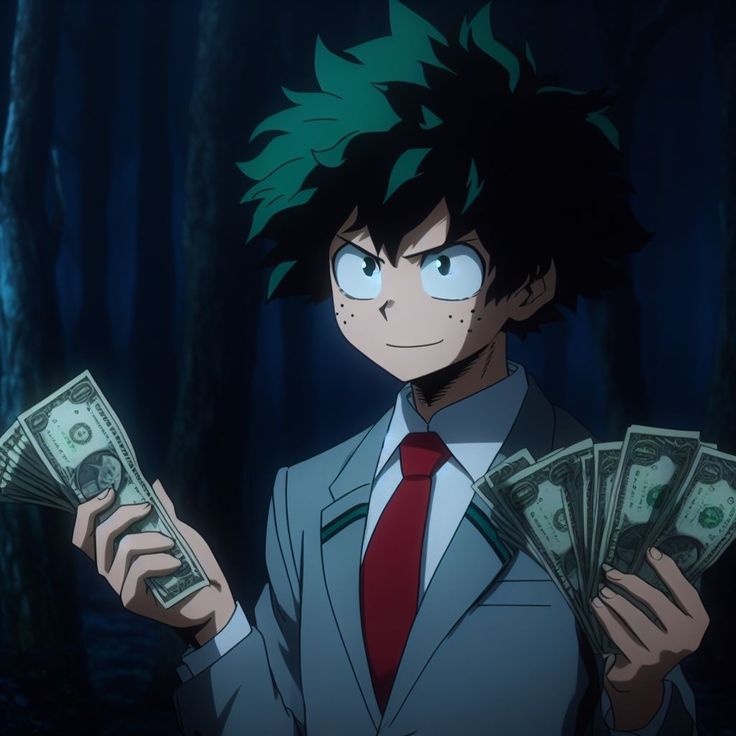 an anime character holding money in his hands