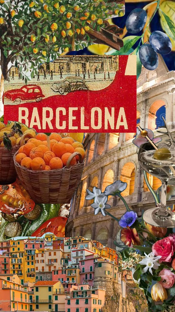 a collage of images with the words barcelona in red and blue, surrounded by oranges