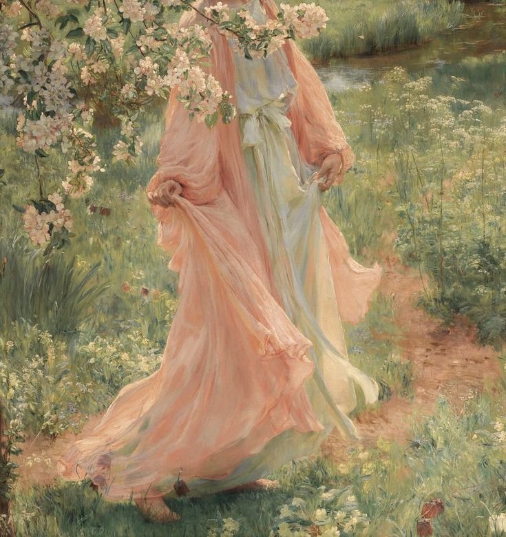 a painting of a woman in a pink dress walking through a field with white flowers