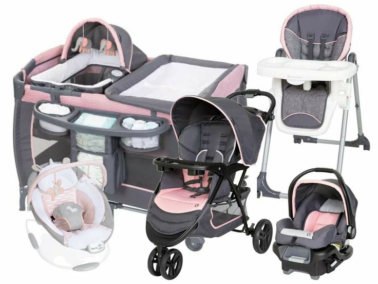 two baby strollers, one with a car seat and the other with a bassinet