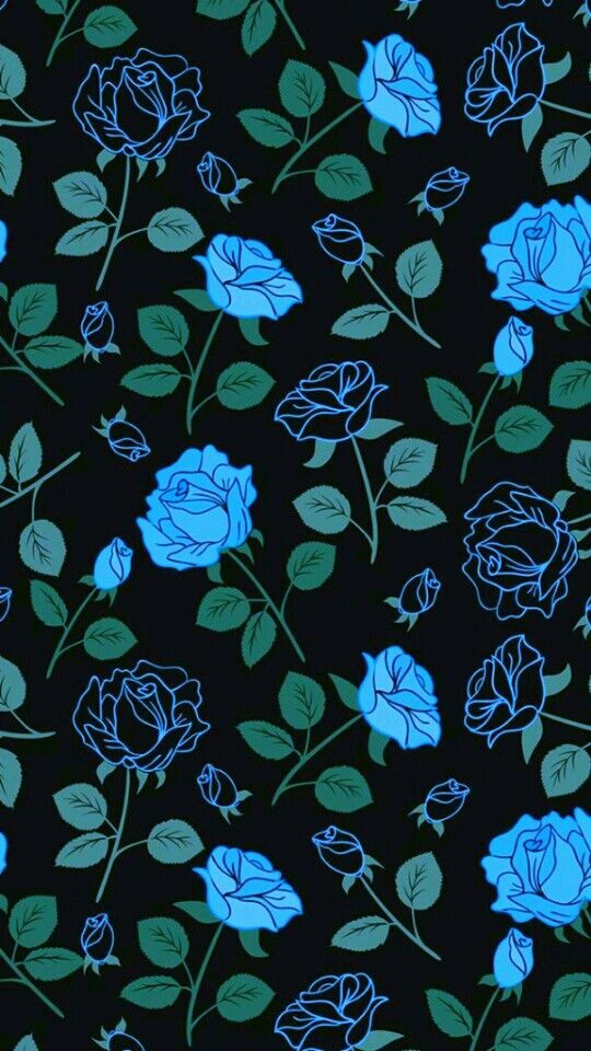 blue roses on a black background with green leaves