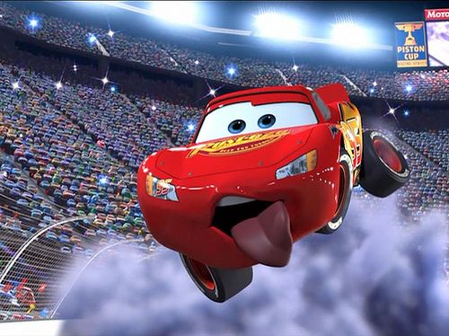 a cartoon character flying through the air in front of a stadium full of people and spectators