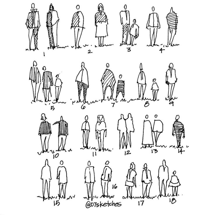 a drawing of people standing in different positions and sizes, each with their own name on it