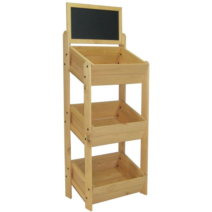 a wooden shelf with a chalkboard on top and two shelves below it, against a white background