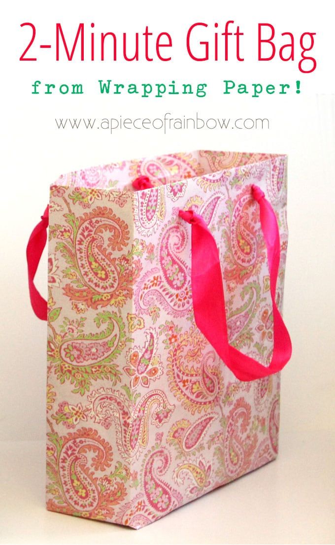 a pink and green shopping bag with the words 2 - minute gift bag from wrapping paper