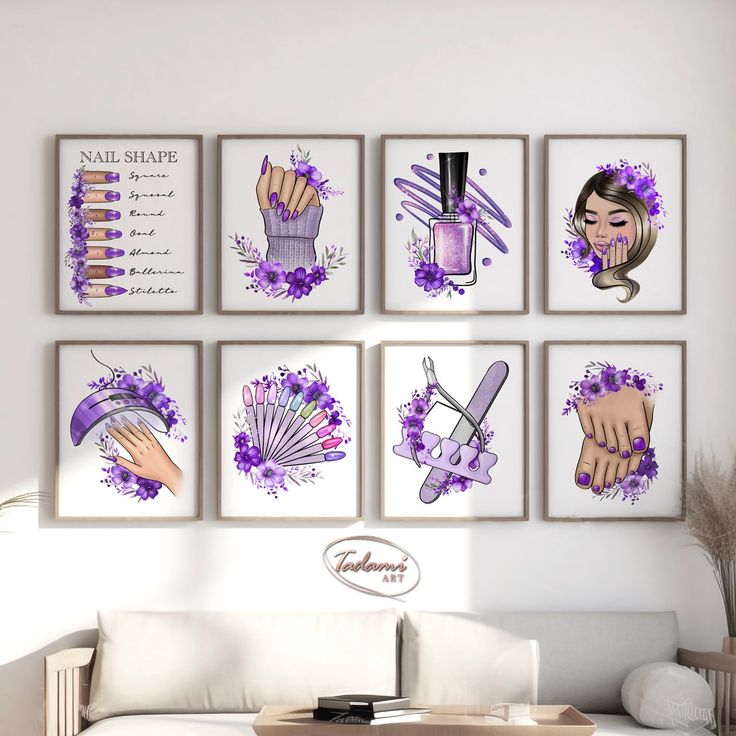 8 Nails Salon Poster, Purple Nails Art, Nail Shape Print, Manicure Salon Decor, Nails Artist Gift, Beauty Salon Decor, Nail Tech Poster This listing includes high-resolution JPG files that you can download immediately after purchase. You can print this unique art on canvas or paper and it will Nail Salon Art Kit & Tools, At Home Nail Salon Room Zazzle, At Home Nail Salon Room Art Kit & Tools, Nail Tech Salon Decor, Purple Nail Room Ideas, Purple Nail Salon, Nail Studio Ideas Home, Purple Nails Art, Nail Studio Ideas Small Spaces