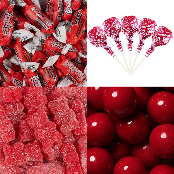 four different pictures with candy and candies in them, one is red and the other has white sprinkles