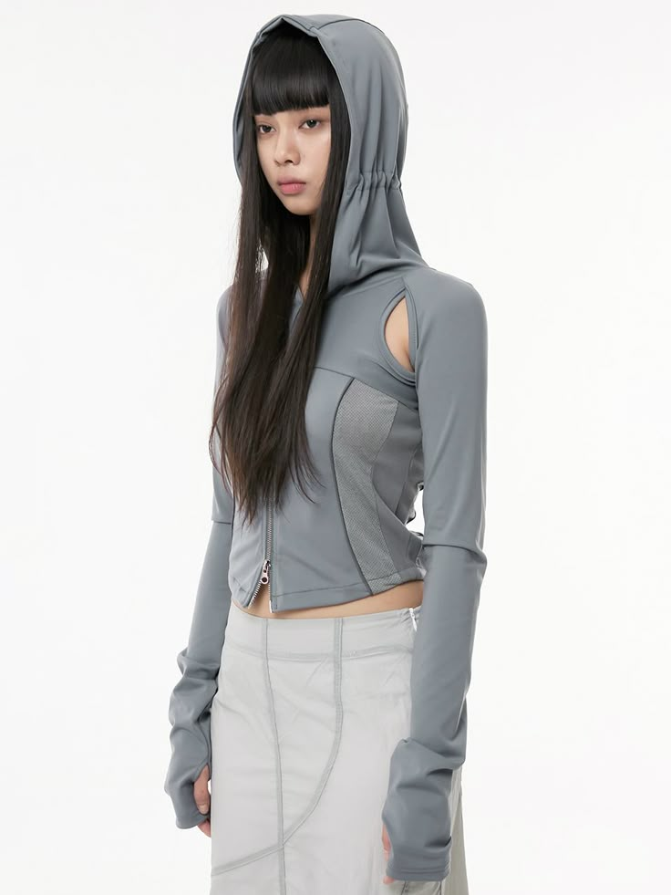 Editor's NotesThis unique zip-up hoodie features 19 panel incision, cut-out and thumbhole detail. It's cut from stretch fabric in three different texture - solid, mesh and rib.- Hooded neck with drawcord- Two-way zip-up fastening- Cut-out armhole and back- Raglan sleeves with thumbhole- Mixed-media- Fitted silhouetteMeasurements (in.)Size: One size- Total Length: 19.3 in.- Chest: 16.1 in.- Sleeve Length: 30.5 in.* Model info: Woman 1 - 5' 7.7 / Woman 2 - 5' 6.9Composition & Care- 100% Polyes Casual Coat, Hoodie Top, Grey Hoodie, Casual Jacket, Zip Up, Raglan Sleeve, Zip Hoodie, Division, Fashion Inspo Outfits