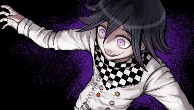 an anime character with long black hair and purple eyes is pointing to the right while wearing a checkered shirt