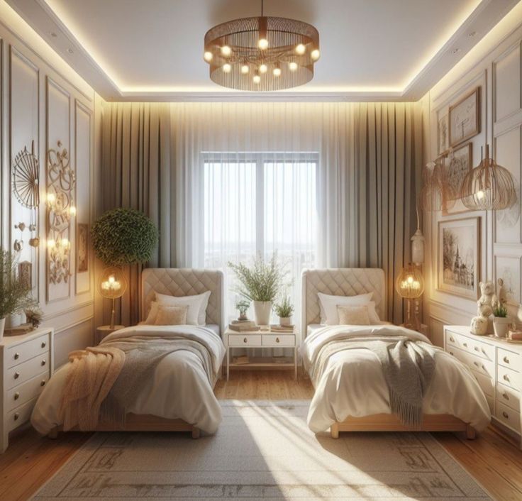 a bedroom with two beds and lights on the ceiling