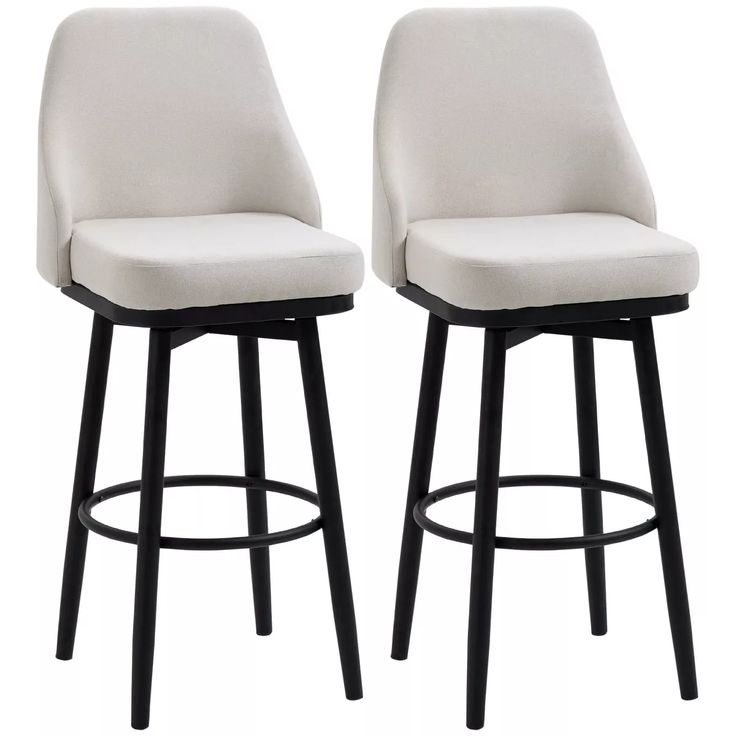 two white upholstered barstools with black legs and back rests against a white background