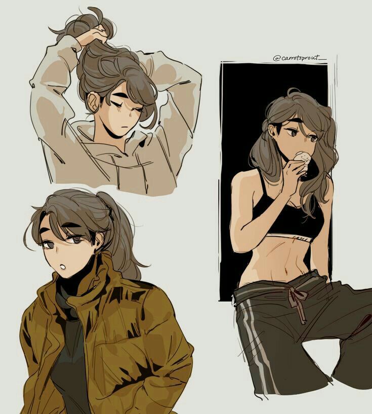 three different poses of a woman in brown jacket and black pants, one with her hand on her head