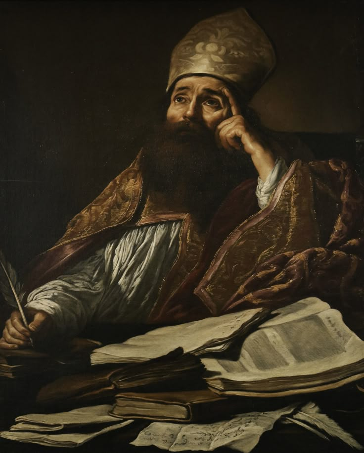 a painting of a man with a book and pen